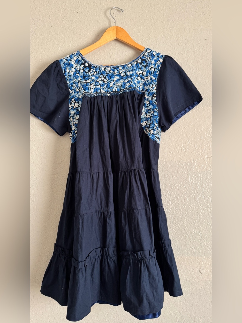 Mi Golondrina Floral Embroidered Navy Tiered Mini Dress - Picture 3 of 3